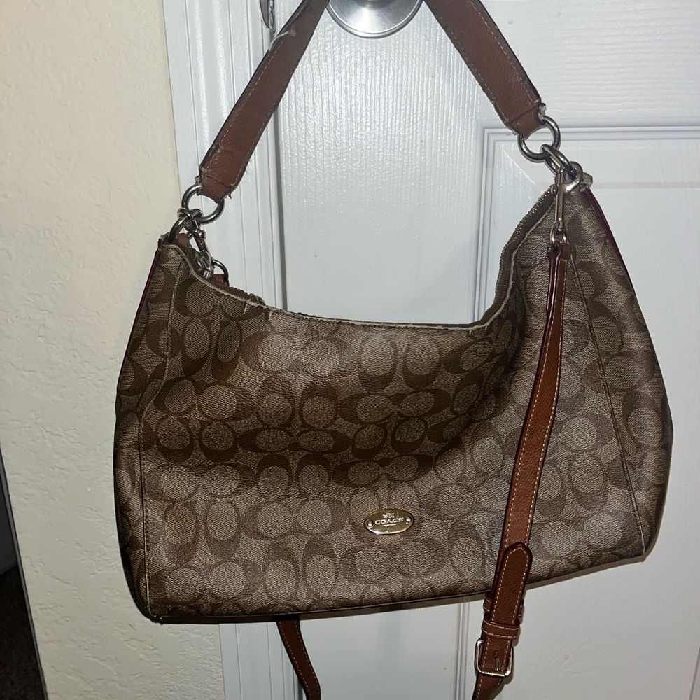 Coach Brown Monogram Shoulder Bag with Leather Trim
